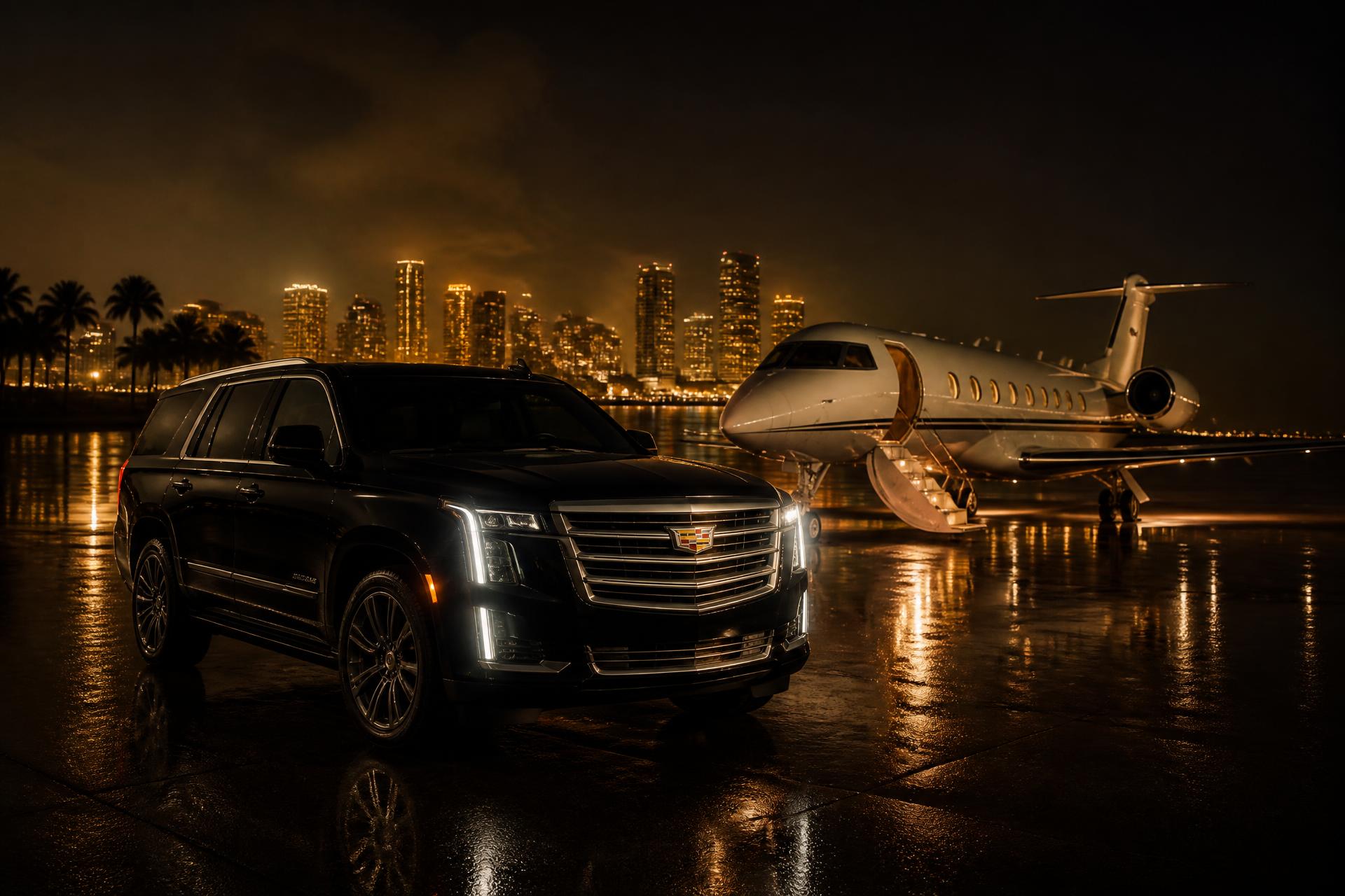 Black Cadillac Escalade beside a private executive jet with the illuminated Miami skyline at night